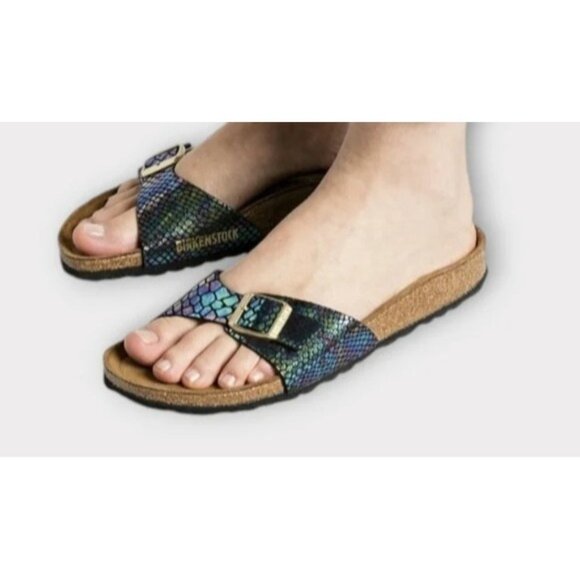 NIB Birkenstock Madrid Black Shiny Snake Sandals Big Girls EU 35 US 4 Narrow